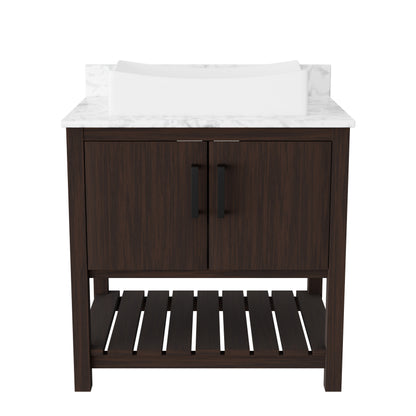 30-inch Novatto bath vanity with Carrara white marble countertop and integrated sink, showcasing elegant bathroom accessory.