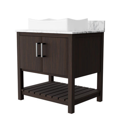 Novatto 30-inch bath vanity with Carrara white marble counter and integrated sink, showcasing elegant bathroom accessory design.
