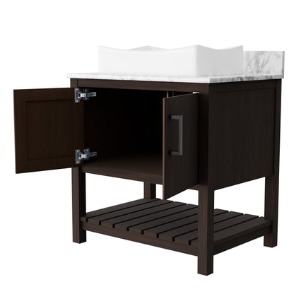 30-inch Novatto bath vanity with Carrara white marble countertop and integrated sink, showcasing elegant bathroom accessory design.