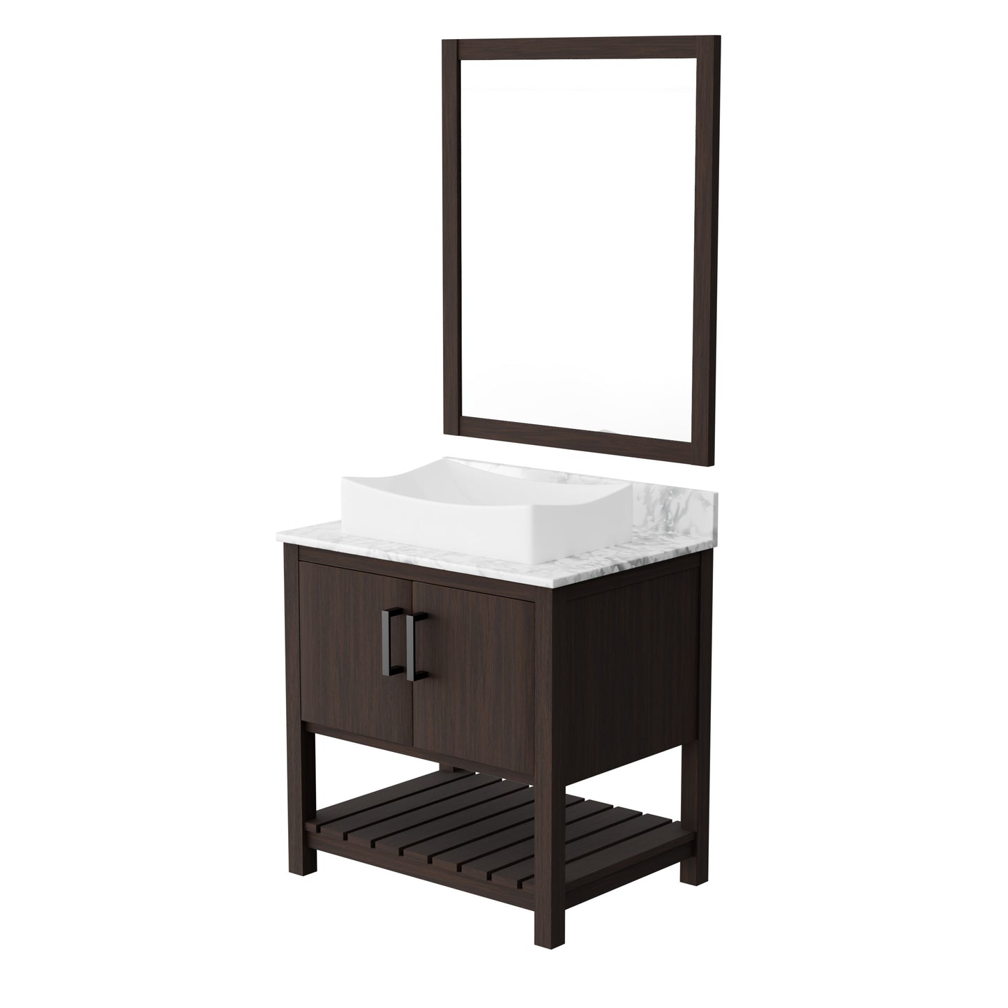 30-inch Novatto bath vanity with Carrara white marble countertop and integrated sink, showcasing sleek bathroom accessory design.