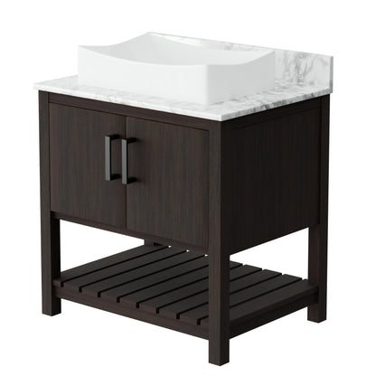 30-inch Novatto bath vanity with Carrara white marble countertop and integrated sink, showcasing elegant bathroom accessory design.