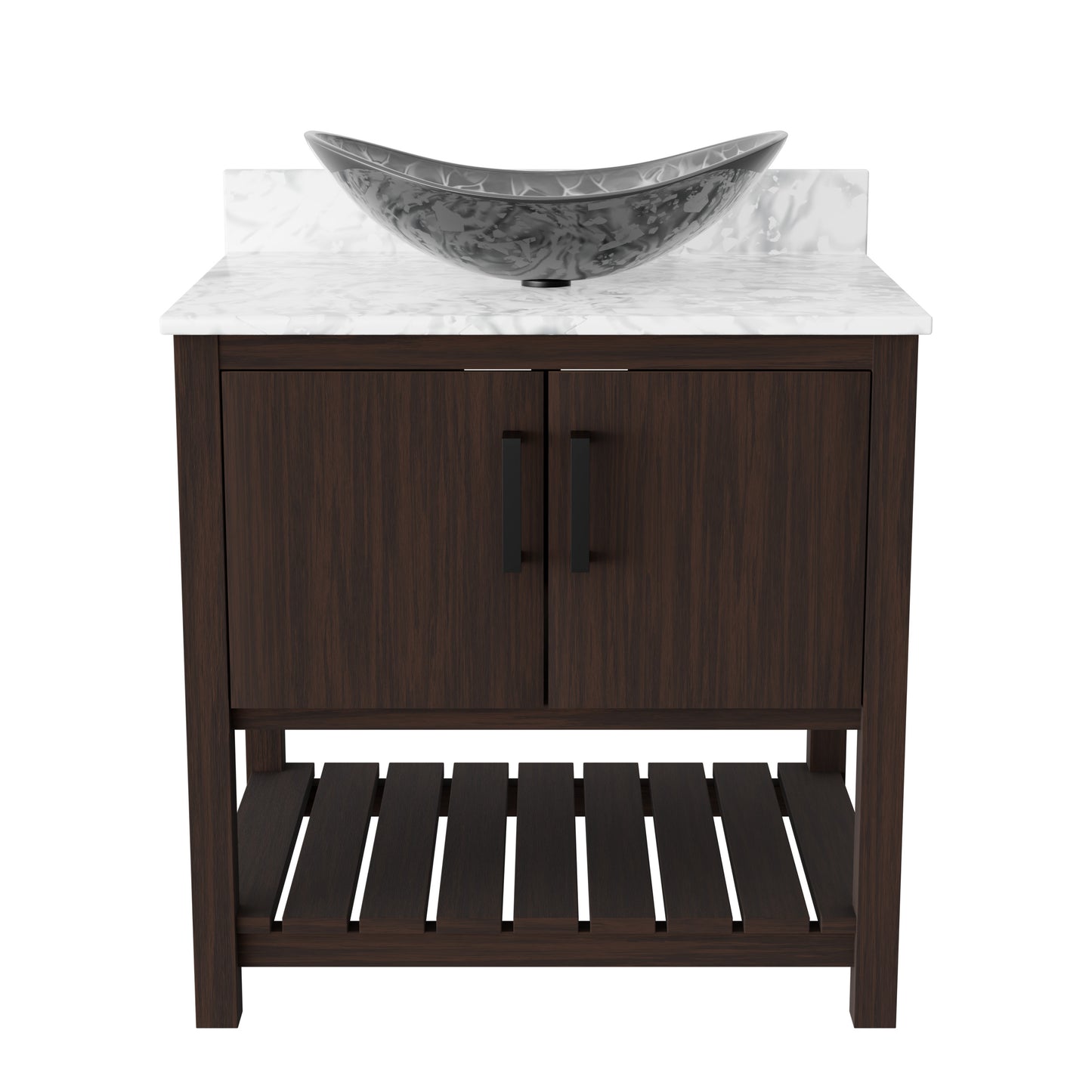 30-inch Novatto bath vanity with Carrara white marble countertop and integrated sink, showcasing elegant white marble surface.