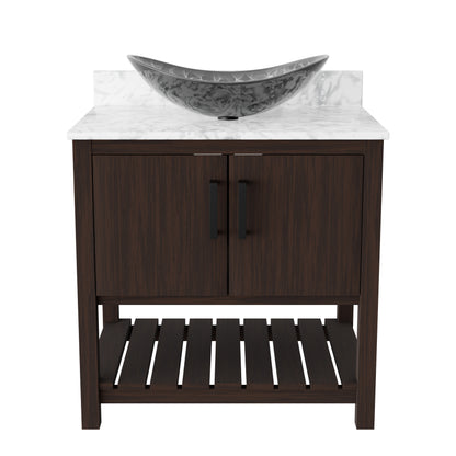 30-inch Novatto bath vanity with Carrara white marble countertop and integrated sink, showcasing elegant white marble surface.