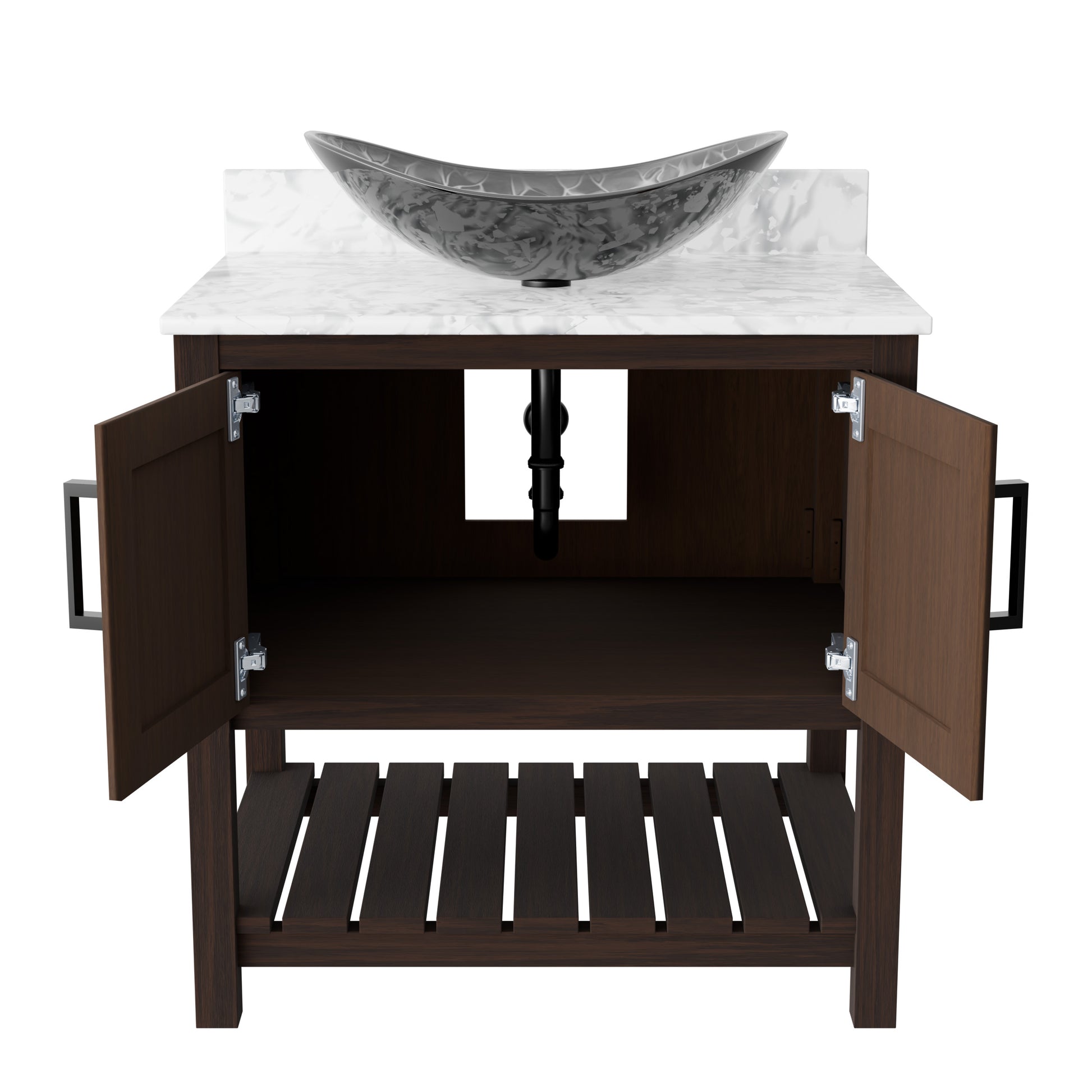30-inch Novatto bath vanity with Carrara white marble countertop and integrated sink, featuring a sleek, modern design.