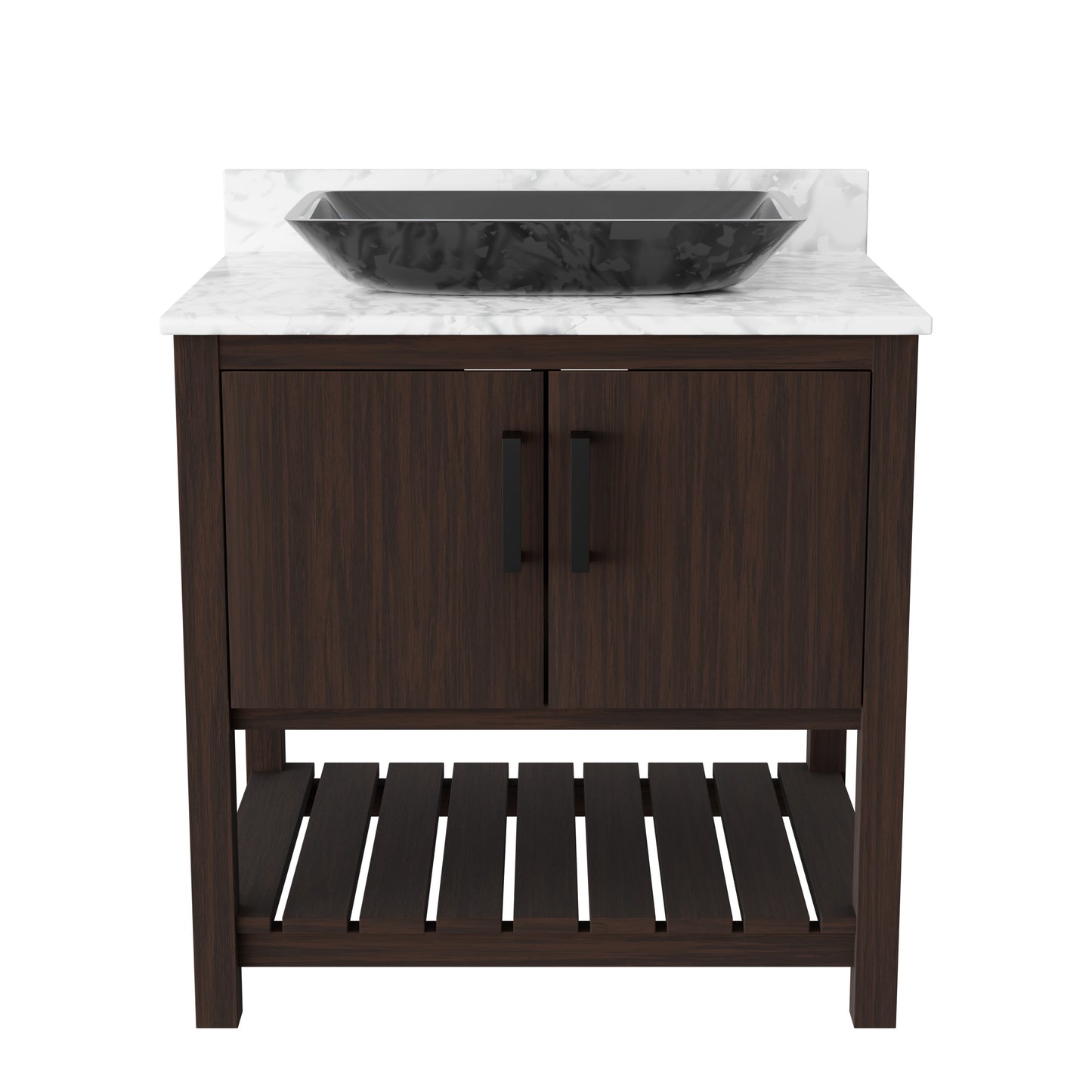 30-inch Novatto bath vanity with Carrara white marble countertop and integrated sink, showcasing elegant bathroom accessory design.