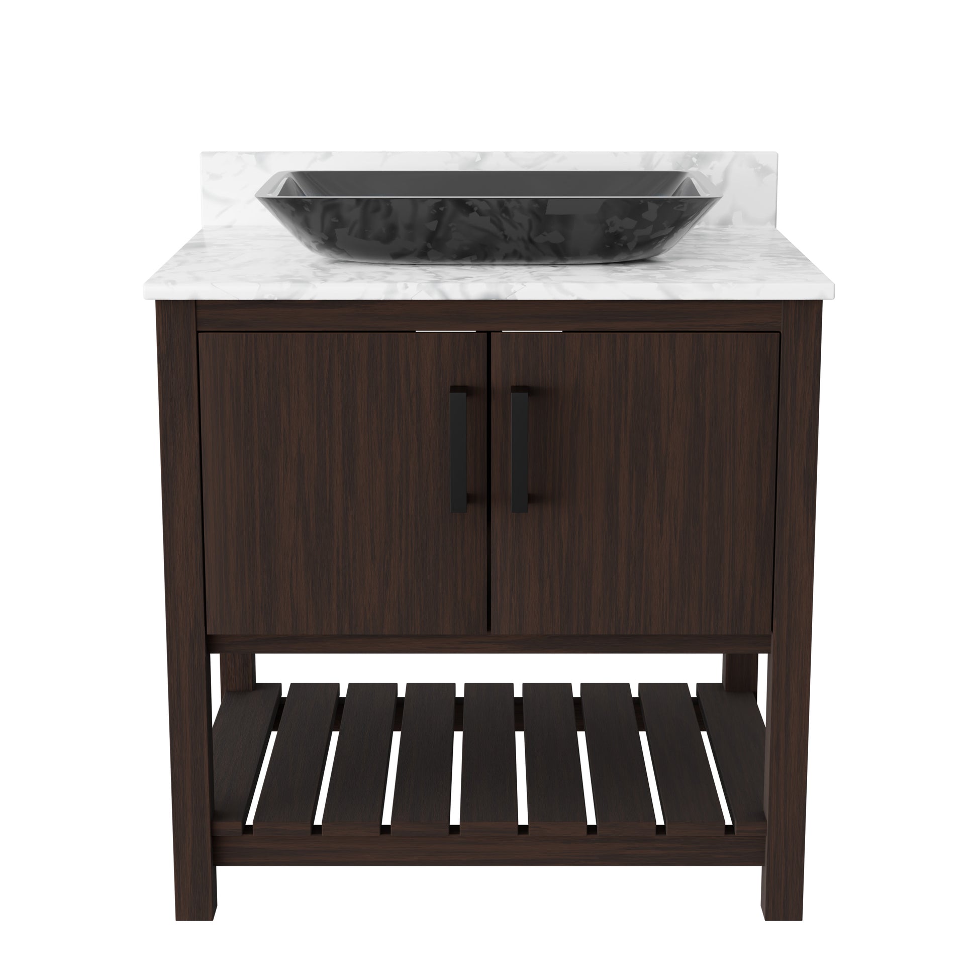 30-inch Novatto bath vanity with Carrara white marble countertop and integrated sink, showcasing elegant bathroom accessory design.