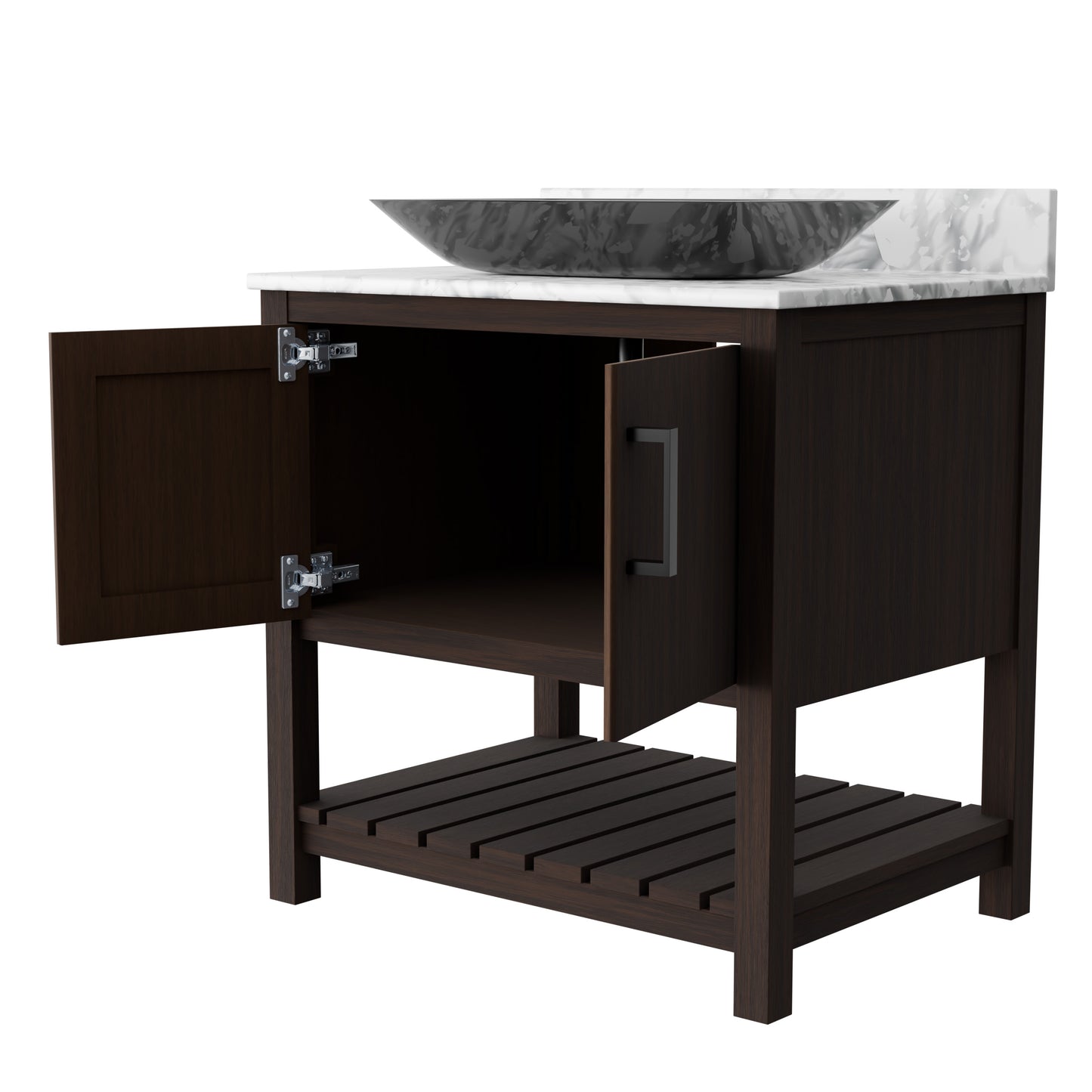 30-inch Novatto bath vanity with Carrara white marble countertop and integrated sink, showing elegant design and polished finish.