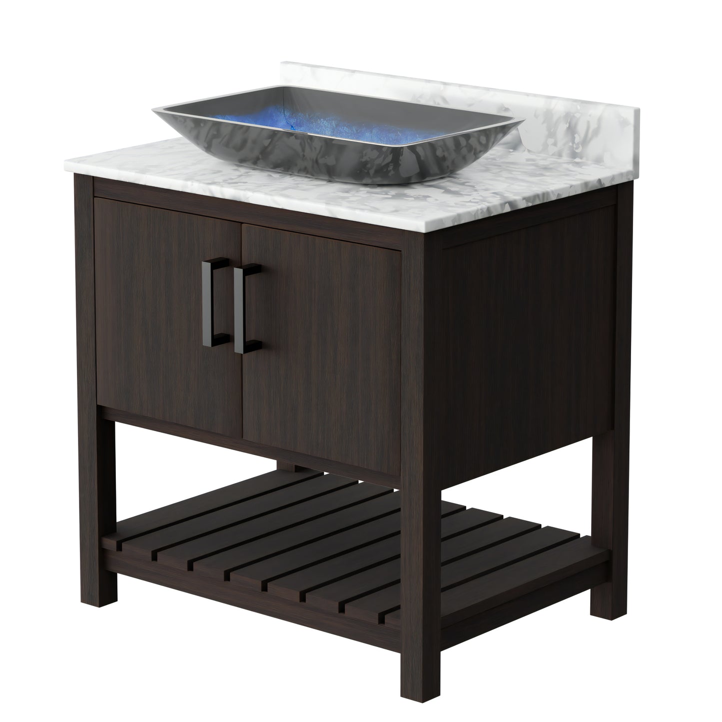 30-inch Novatto bath vanity with Carrara white marble counter and sink, featuring sleek design and elegant white finish.