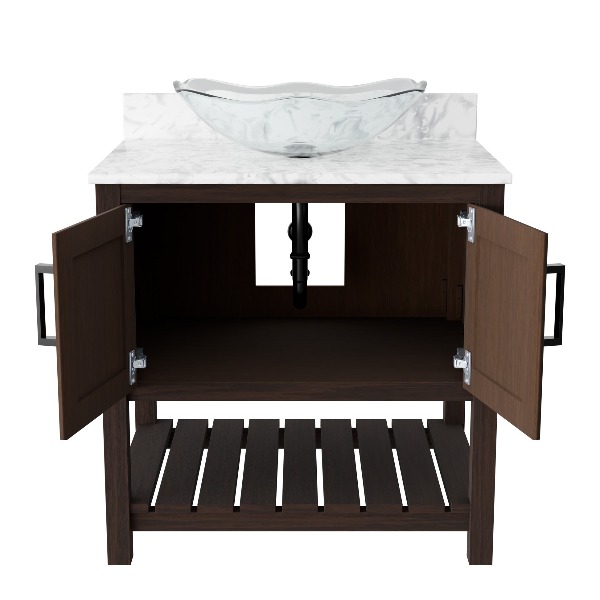 30-inch Novatto bath vanity with Carrara white marble countertop and integrated sink, showcasing elegant bathroom accessory design.