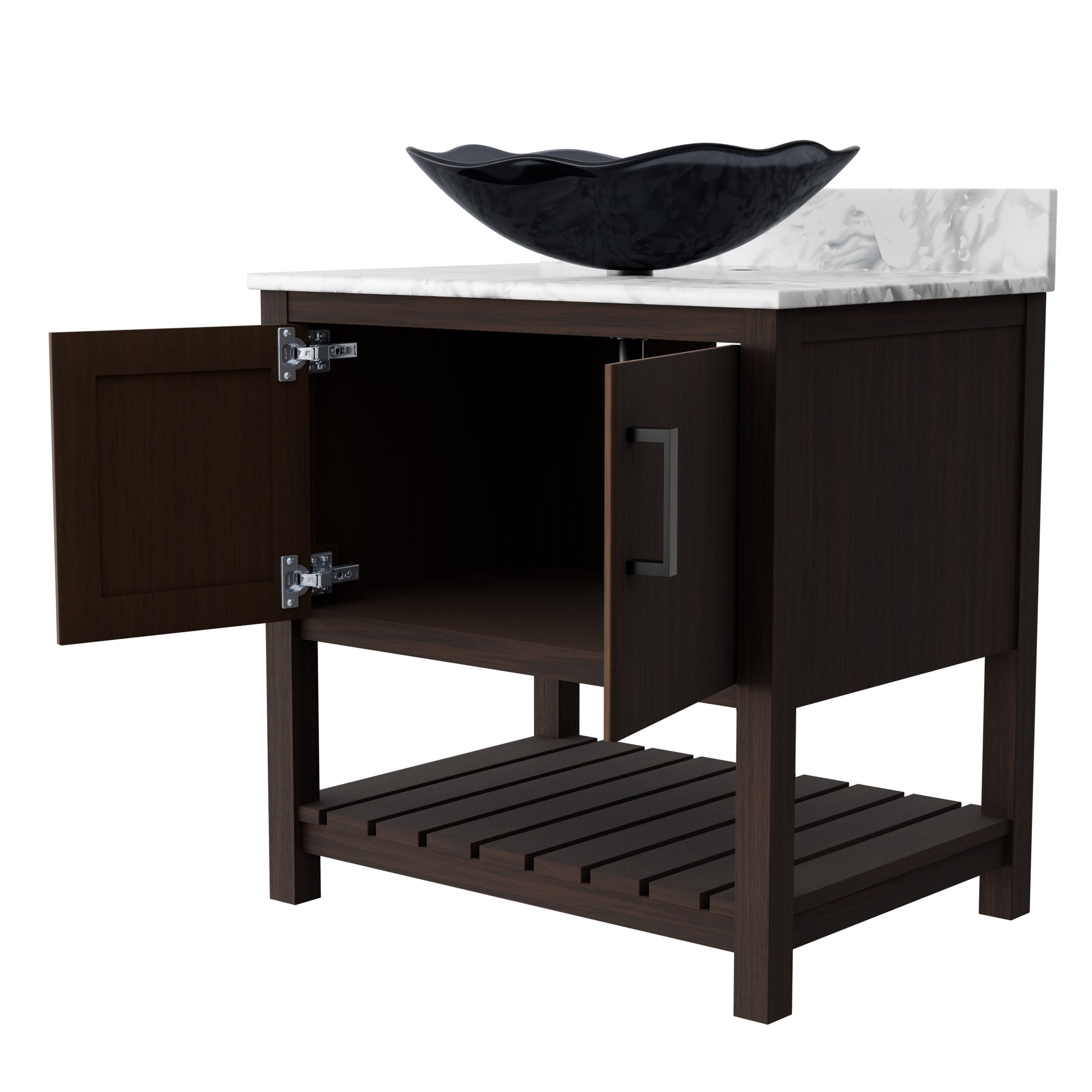 30-inch Novatto bath vanity with Carrara white marble counter and integrated sink, showcasing a modern bathroom accessory.