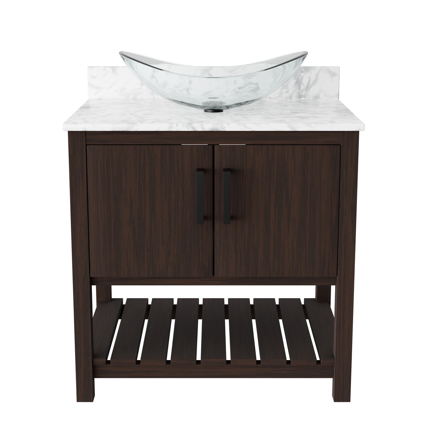 30-inch Novatto bath vanity with Carrara white marble countertop and integrated sink, showcasing elegant bathroom accessory design.
