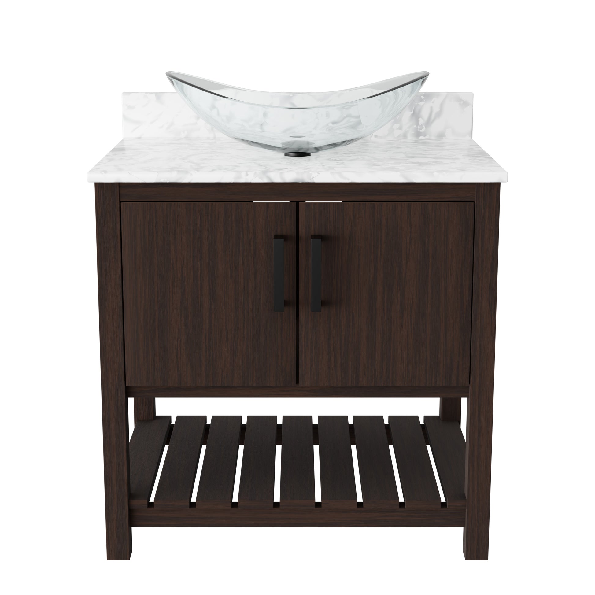 30-inch Novatto bath vanity with Carrara white marble countertop and integrated sink, showcasing elegant bathroom accessory design.
