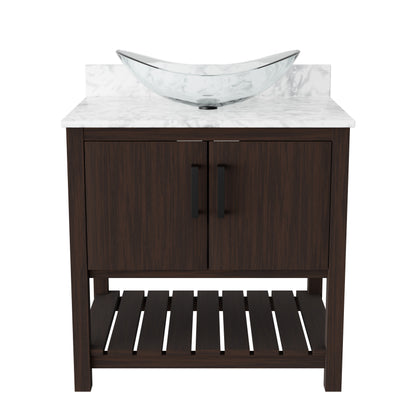 30-inch Novatto bath vanity with Carrara white marble countertop and integrated sink, showcasing elegant bathroom accessory design.