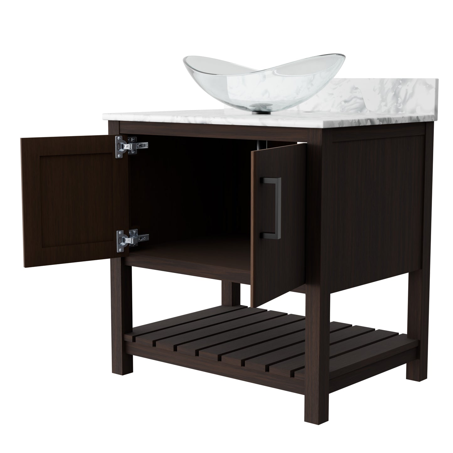 30-inch Novatto bath vanity with Carrara white marble counter and integrated sink, showcasing elegant bathroom accessory design.