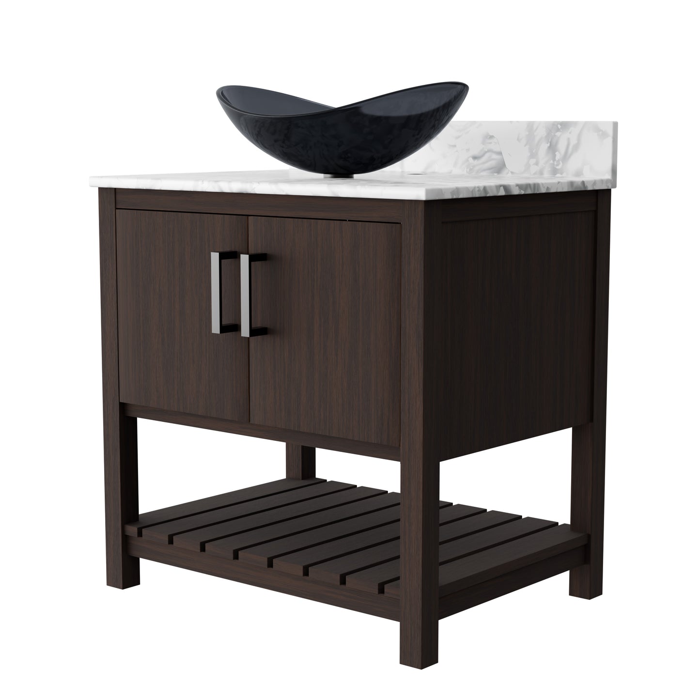 Novatto 30-inch bath vanity with Carrara white marble counter and sink, showcasing elegant bathroom accessory design.