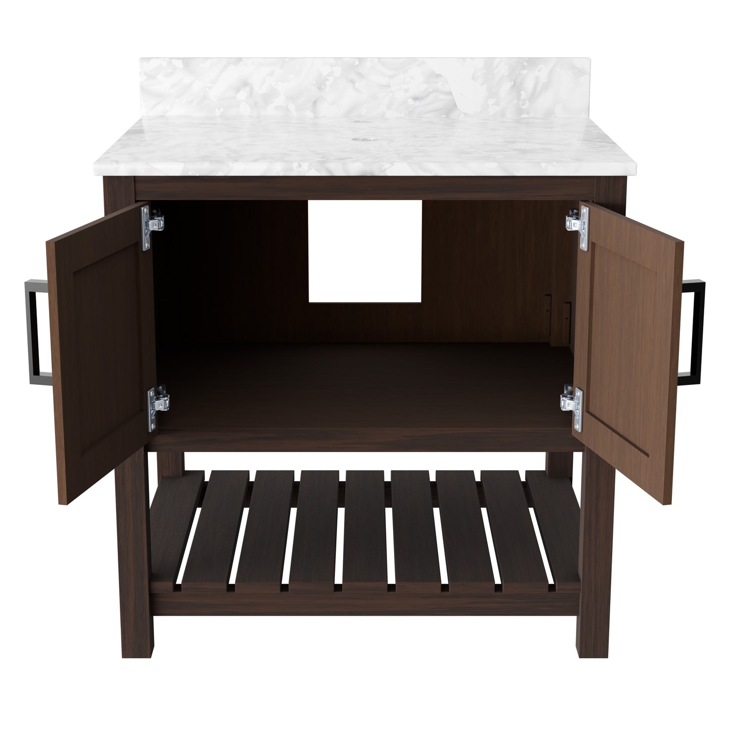 30-inch Novatto vanity with Carrara white marble countertop, modern bathroom accessory with sleek design and polished surface.