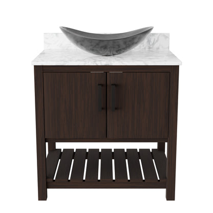 Novatto 30-inch bath vanity with Carrara white marble counter and integrated sink, shown with elegant bathroom accessories.