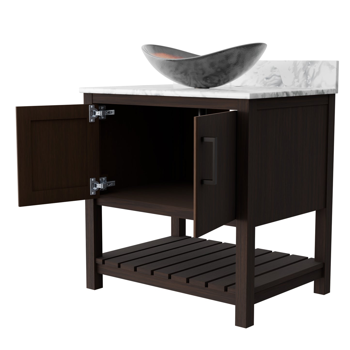 Novatto 30-inch bath vanity with Carrara white marble counter and integrated sink, showcasing elegant bathroom accessory design.