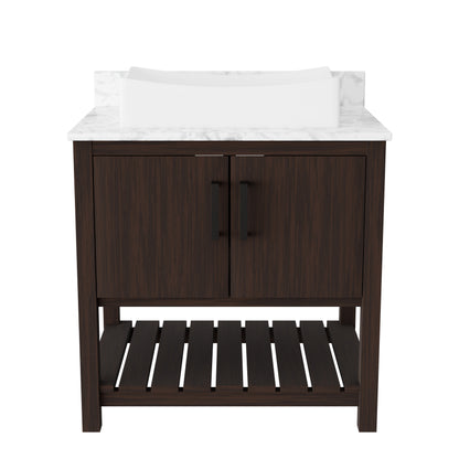 Novatto 30-inch bath vanity with Carrara white marble counter and integrated sink, modern bathroom accessory with sleek design.