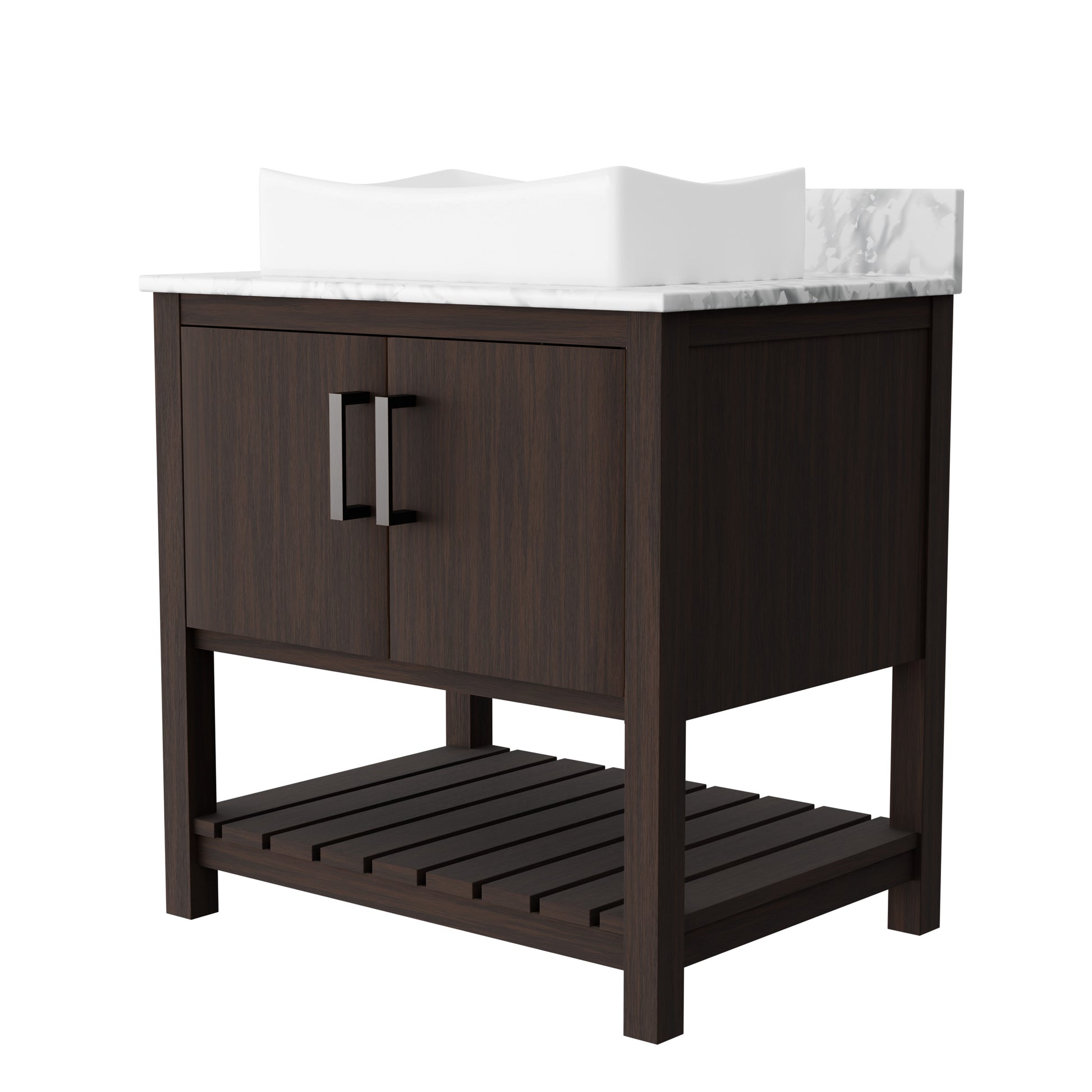 30-inch Novatto bath vanity with Carrara white marble countertop and integrated sink, showcasing elegant bathroom accessory design.