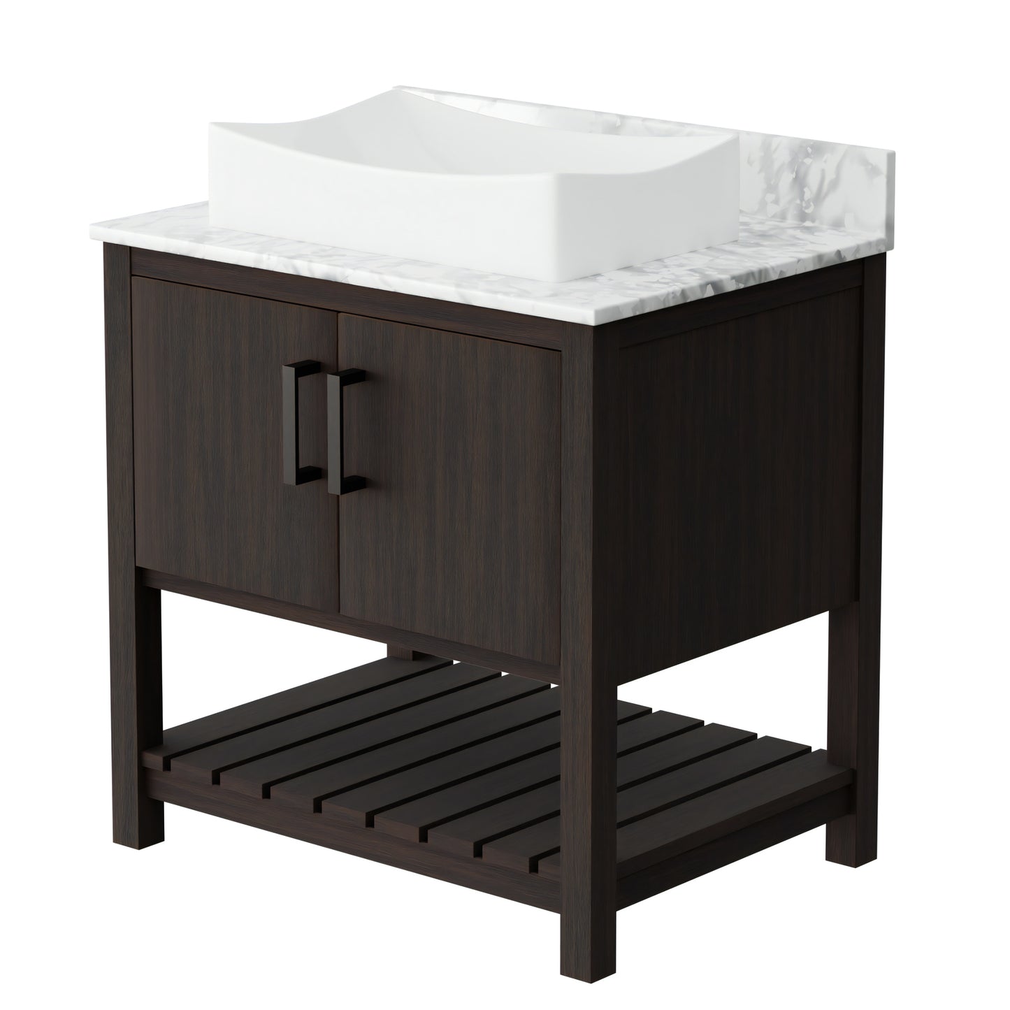 30-inch Novatto bath vanity with Carrara white marble counter and integrated sink, showcasing modern bathroom accessory design.