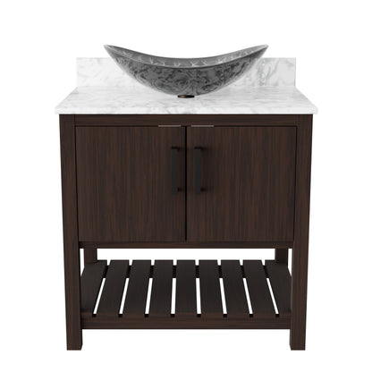 30-inch Novatto bath vanity with Carrara white marble countertop and integrated sink, showcasing elegant bathroom accessory design.