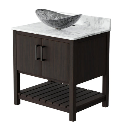 30-inch Novatto bath vanity with Carrara white marble countertop and integrated sink, showcasing sleek bathroom accessory design.