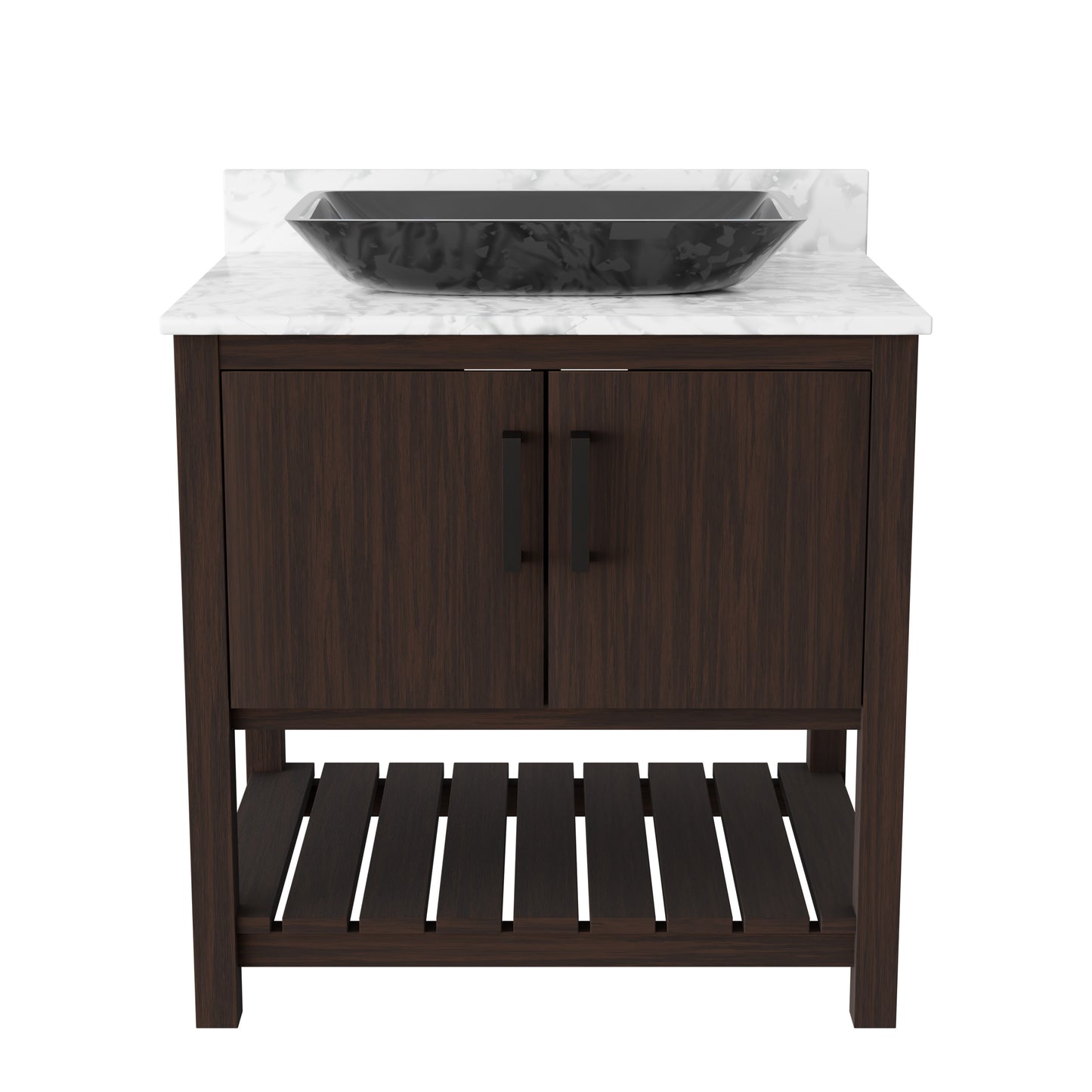 30-inch Novatto bath vanity with Carrara white marble countertop and integrated sink, showcasing elegant bathroom accessory design