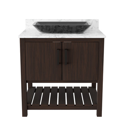 30-inch Novatto bath vanity with Carrara white marble countertop and integrated sink, showcasing elegant bathroom accessory design