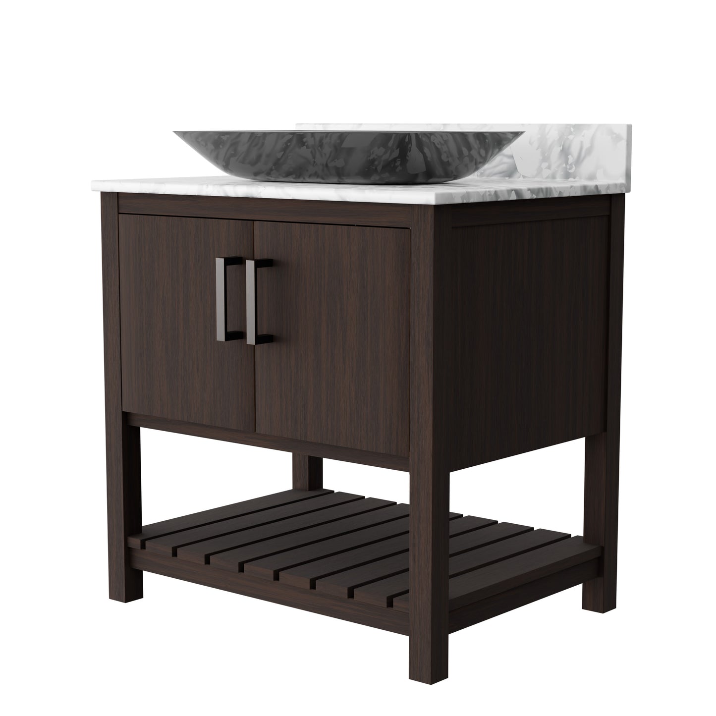 30-inch Novatto bath vanity with Carrara white marble countertop and integrated sink, showcasing a modern bathroom accessory.