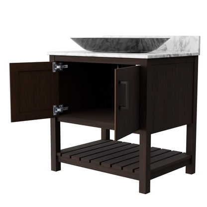 30-inch Novatto bath vanity with Carrara white marble countertop and integrated sink, showcasing sleek bathroom accessory design.