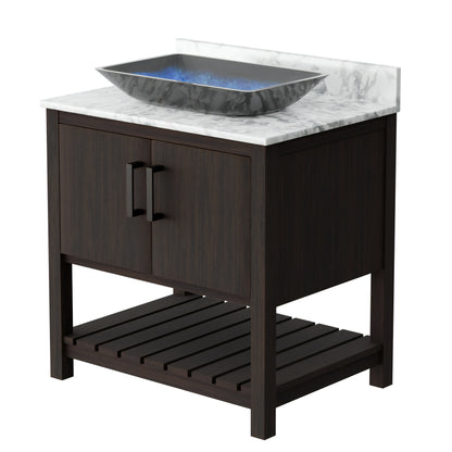 30-inch Novatto bath vanity with Carrara white marble counter and integrated sink, shown in a modern bathroom setting.