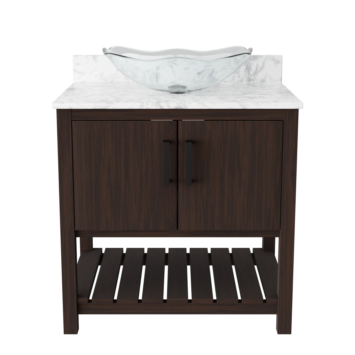 30-inch Novatto bath vanity with Carrara white marble counter and integrated sink, showcasing sleek bathroom accessory design.