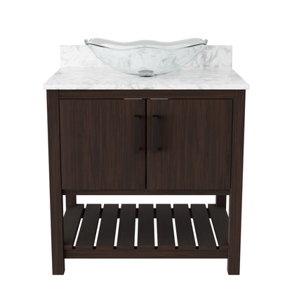 30-inch Novatto bath vanity with Carrara white marble counter and integrated sink, showcasing sleek bathroom accessory design.