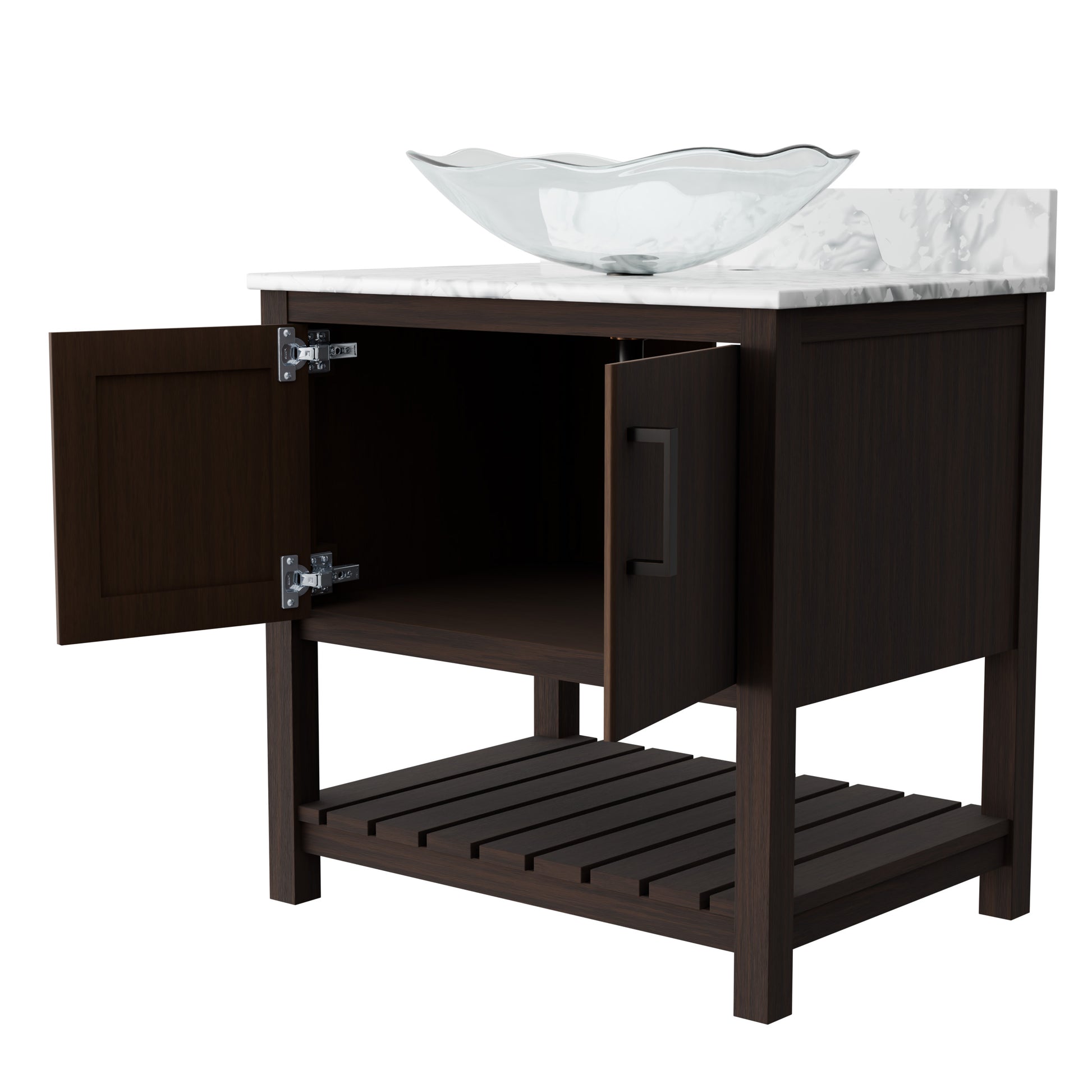 Novatto 30-inch bath vanity with Carrara white marble counter and integrated sink, modern bathroom accessory design.