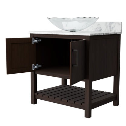 Novatto 30-inch bath vanity with Carrara white marble counter and integrated sink, modern bathroom accessory design.