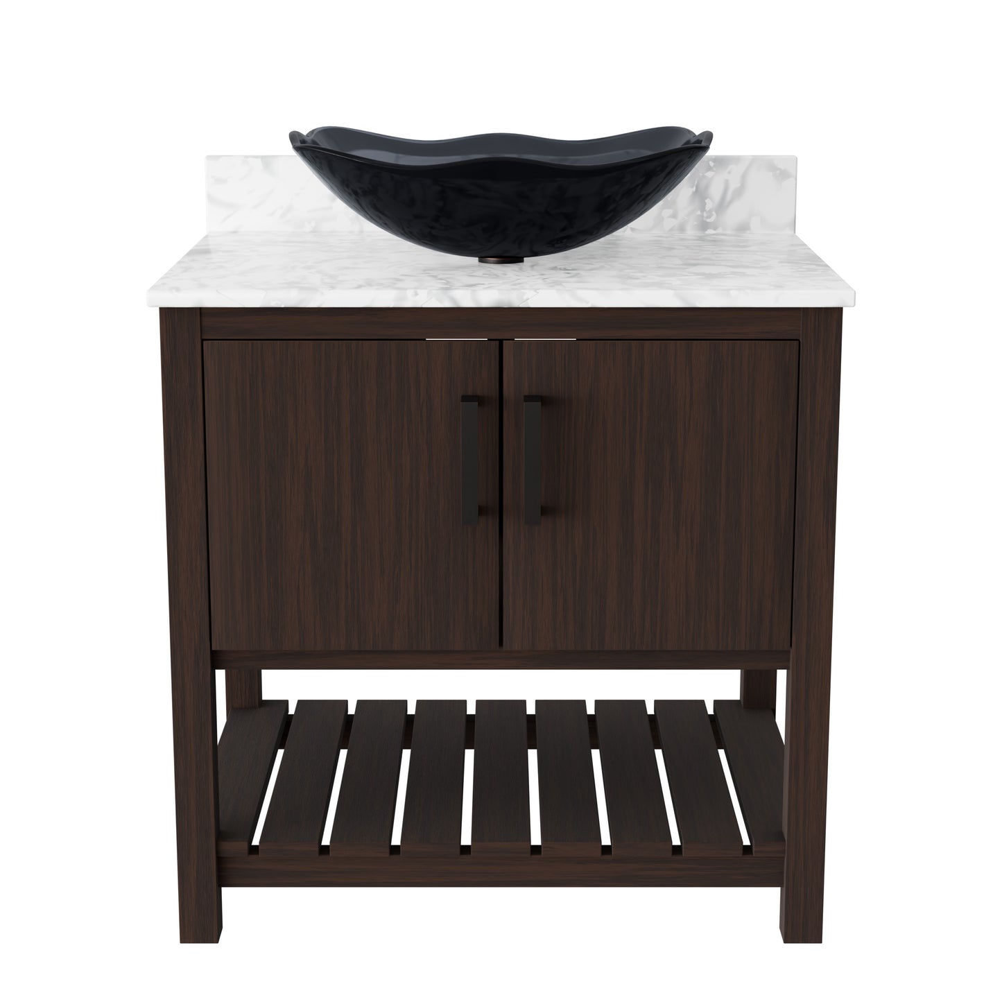 30-inch Novatto bath vanity with Carrara white marble countertop and sink, showcasing sleek bathroom accessory design.