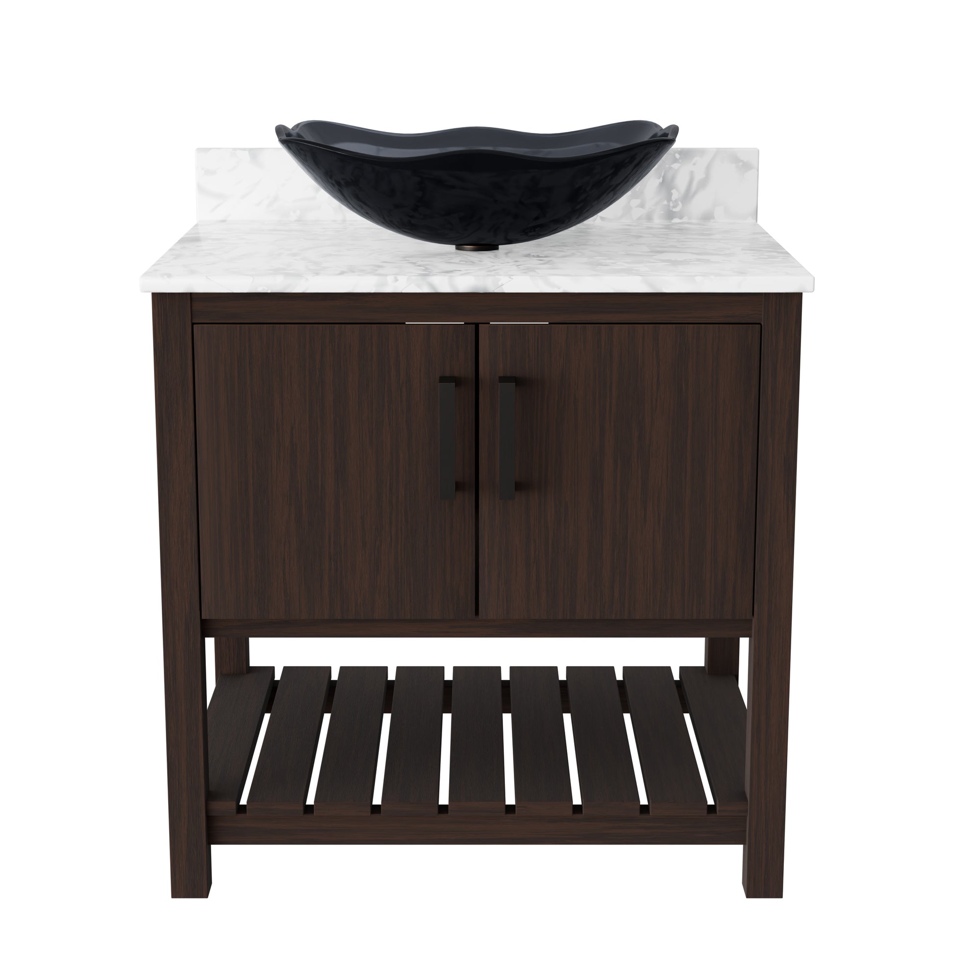 30-inch Novatto bath vanity with Carrara white marble countertop and sink, showcasing sleek bathroom accessory design.