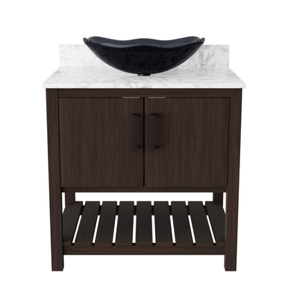 30-inch Novatto bath vanity with Carrara white marble countertop and sink, showcasing sleek bathroom accessory design.