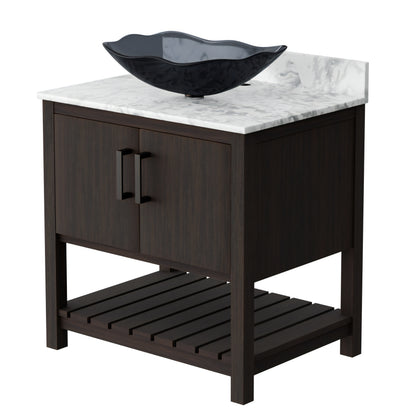 30-inch Novatto bath vanity with Carrara white marble countertop and sink, shown in a modern bathroom setting