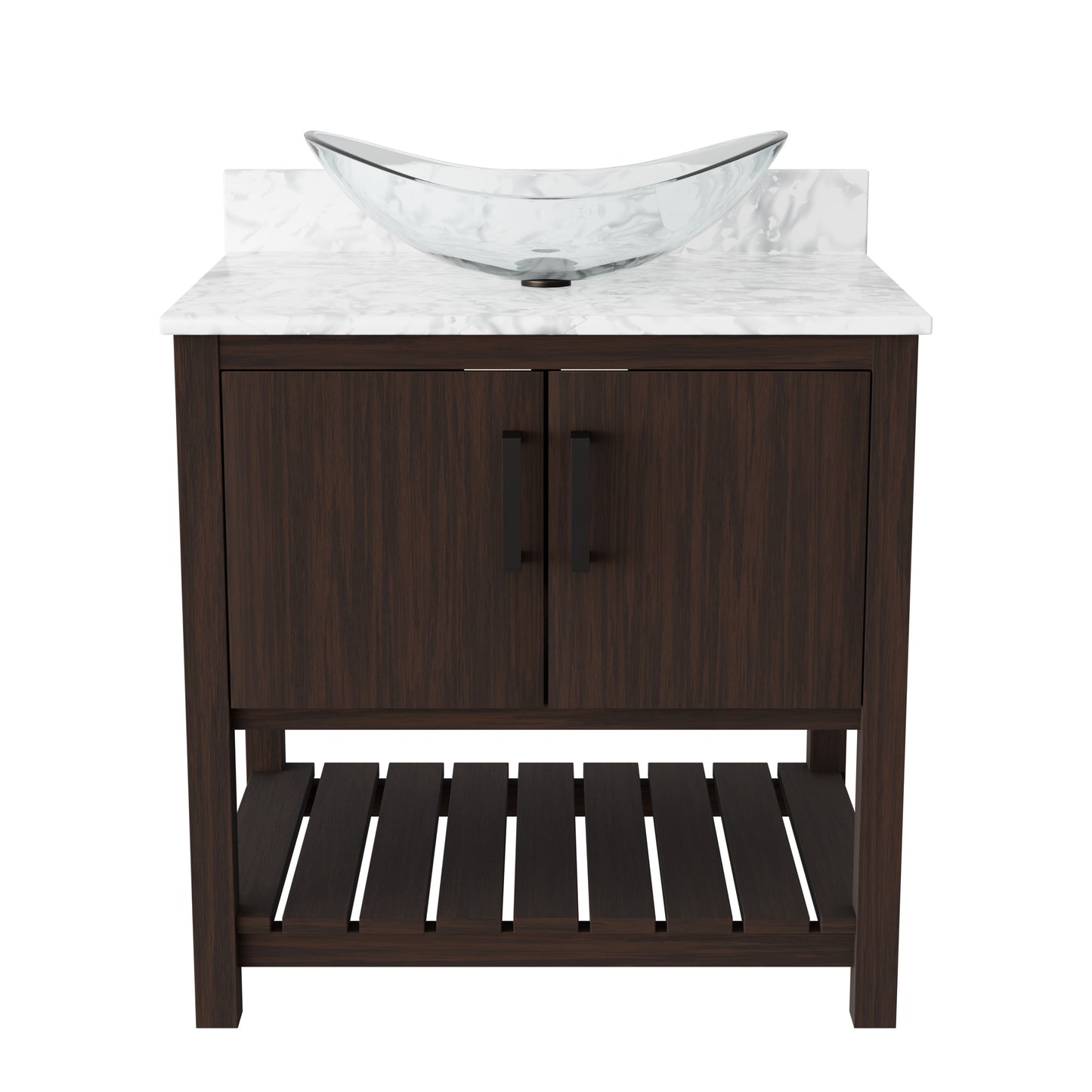 30-inch Novatto bath vanity with Carrara white marble counter and integrated sink, shown with modern design and elegant finish.