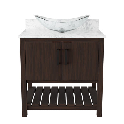 30-inch Novatto bath vanity with Carrara white marble counter and integrated sink, shown with modern design and elegant finish.