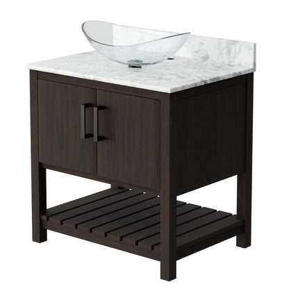 30-inch Novatto bath vanity with Carrara white marble counter and integrated sink, showcasing elegant bathroom accessory design.