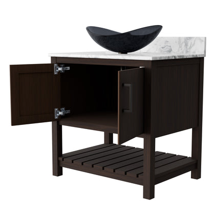 30-inch Novatto bath vanity with Carrara white marble countertop and integrated sink, showcasing elegant bathroom accessory design