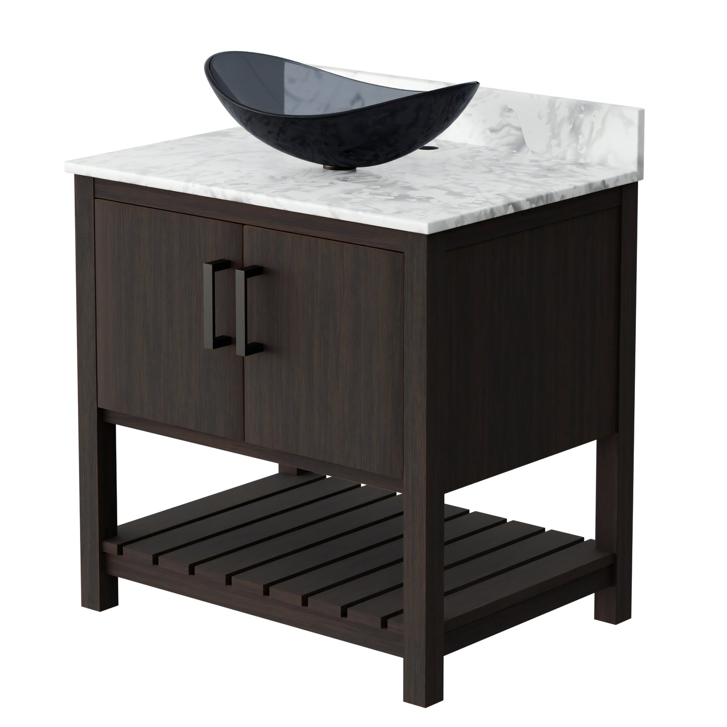 30-inch Novatto bath vanity with Carrara white marble counter and integrated sink, elegant bathroom accessory.
