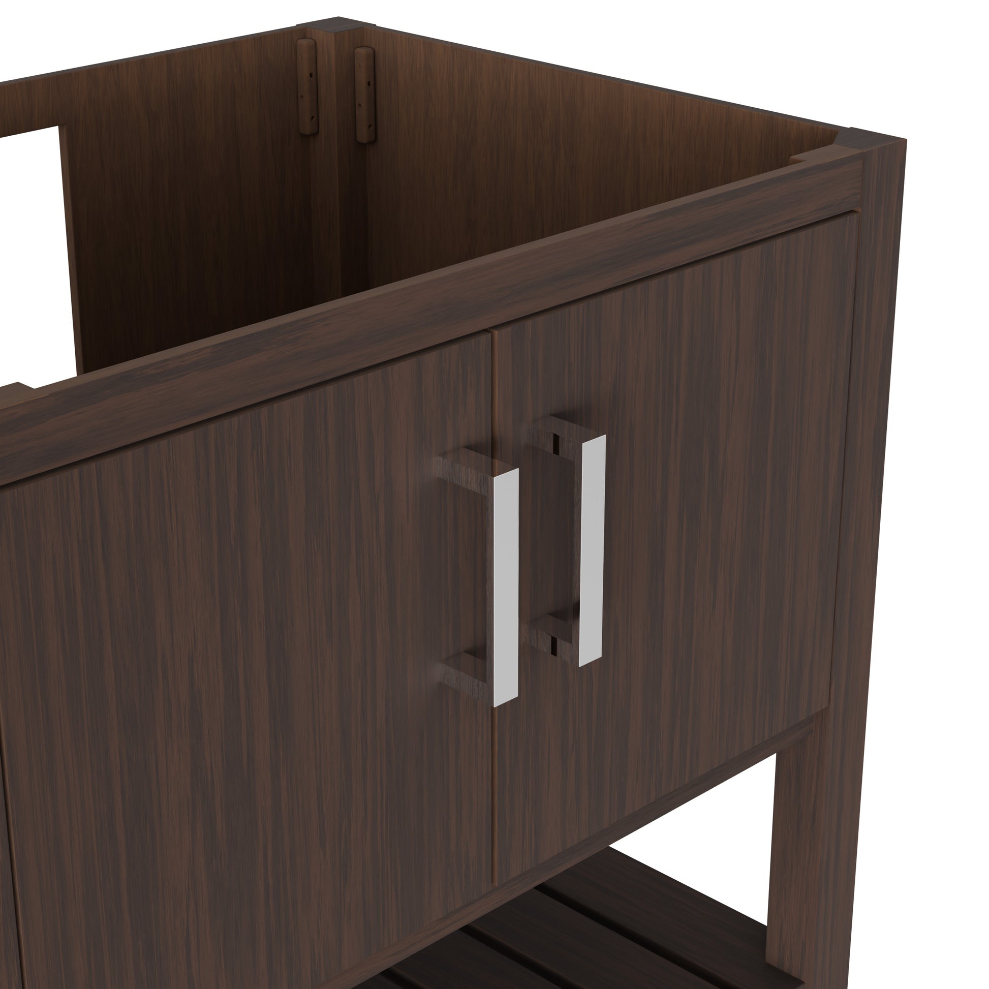 30-inch Café Mocha bath vanity by Novatto with sleek design and modern faucet, featuring a white sink and wooden finish.