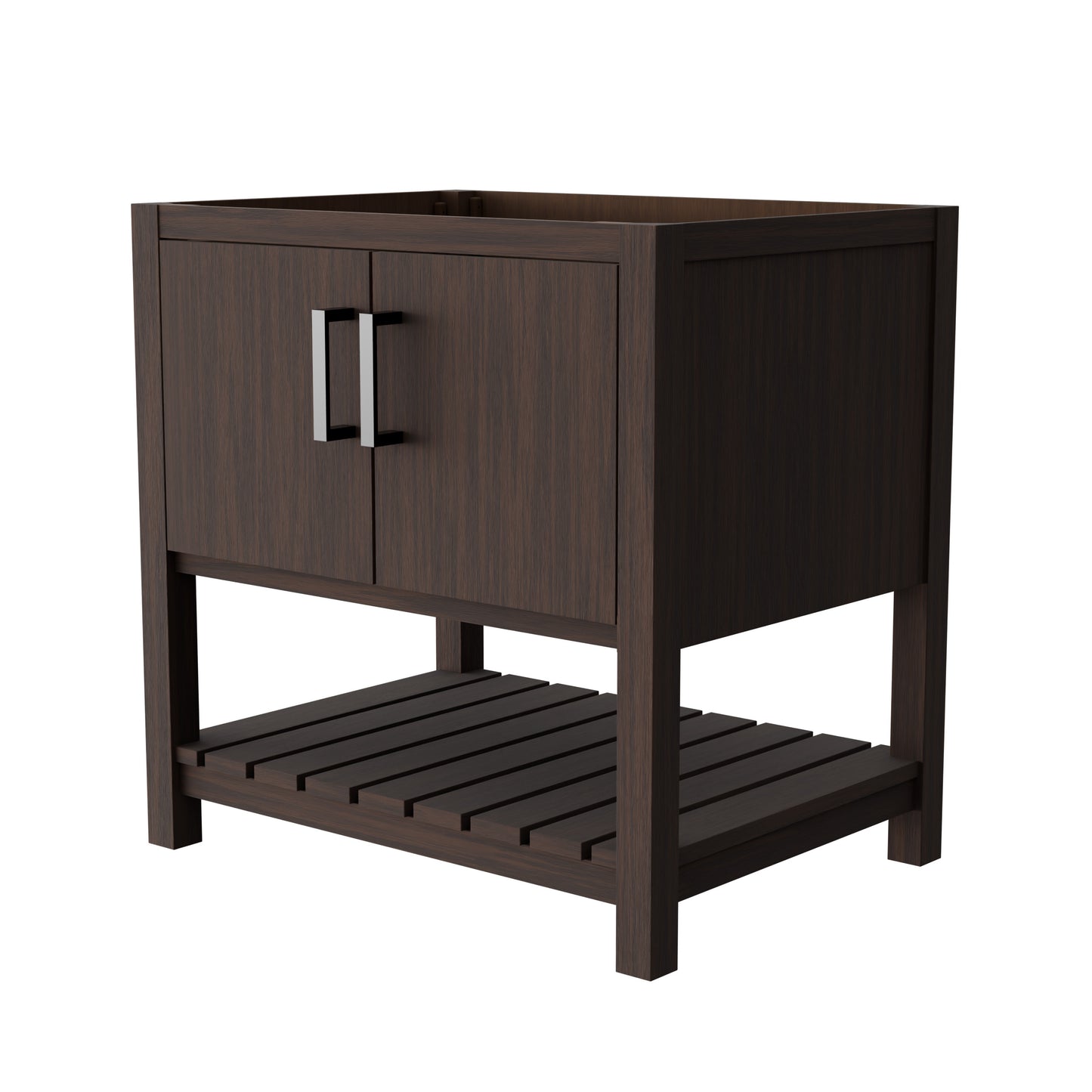 30-inch Novatto Café Mocha bath vanity accessory with modern design and wood finish, shown in a close-up view.