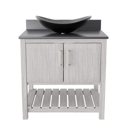30-inch Novatto bath vanity with storm grey quartz countertop and integrated sink, showcasing sleek bathroom accessory design