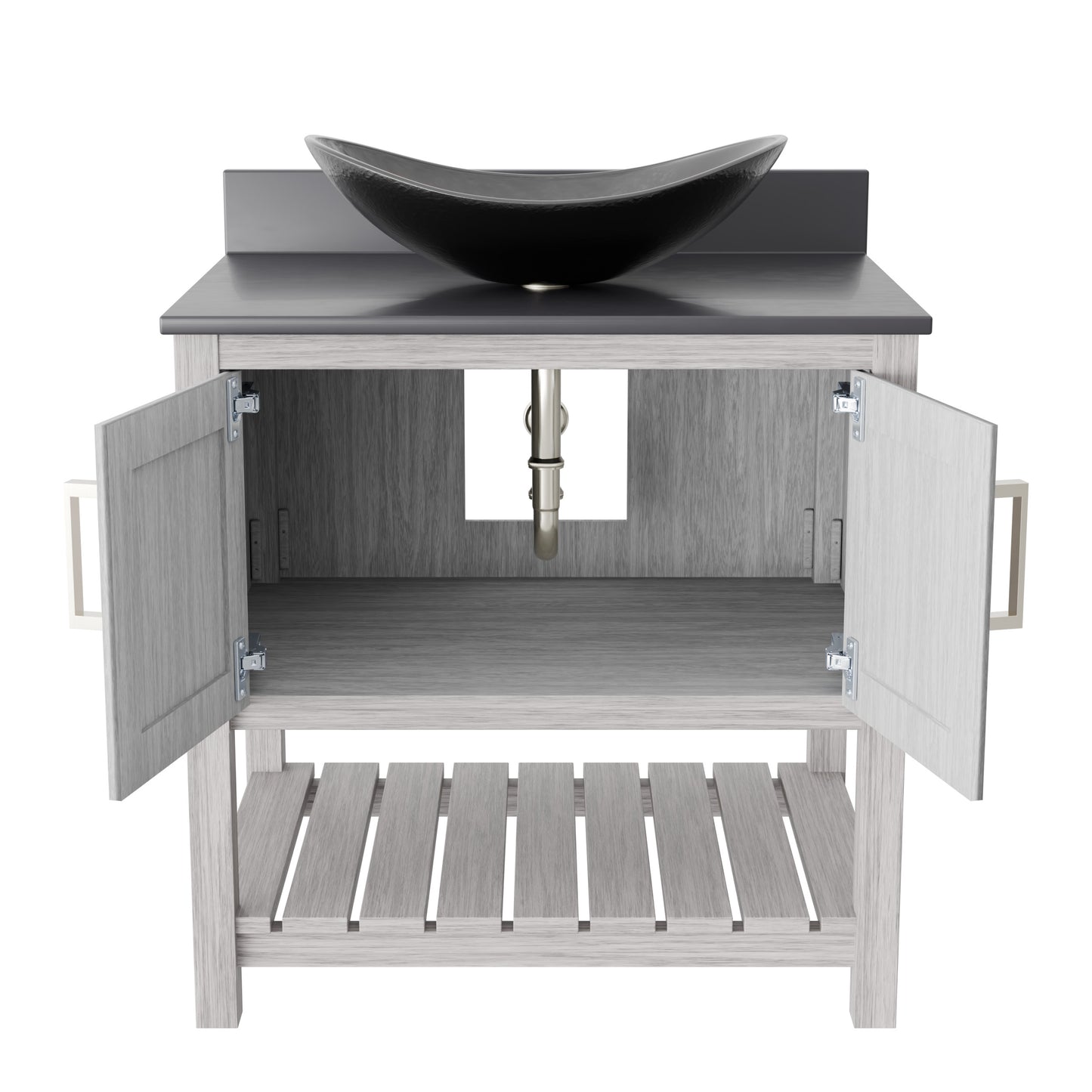 30-inch Novatto bath vanity with storm grey quartz countertop and sink, featuring modern bathroom accessory design.