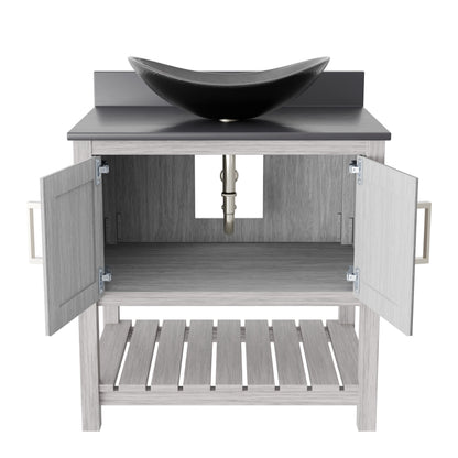30-inch Novatto bath vanity with storm grey quartz countertop and sink, featuring modern bathroom accessory design.